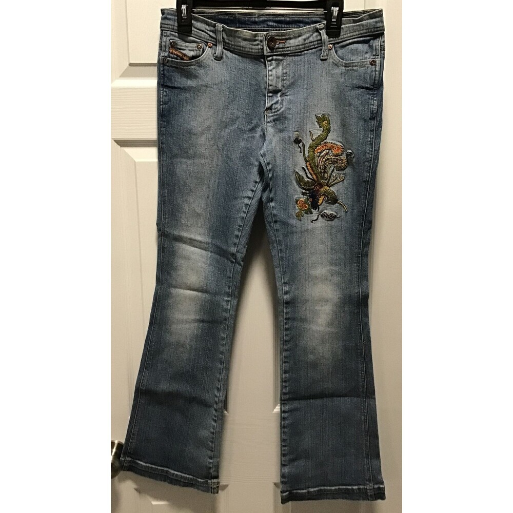 EUC Lee 1889 Women’s Bootcut Medium Wash Jeans 32x31 Mid Rise W/ Embroiderey